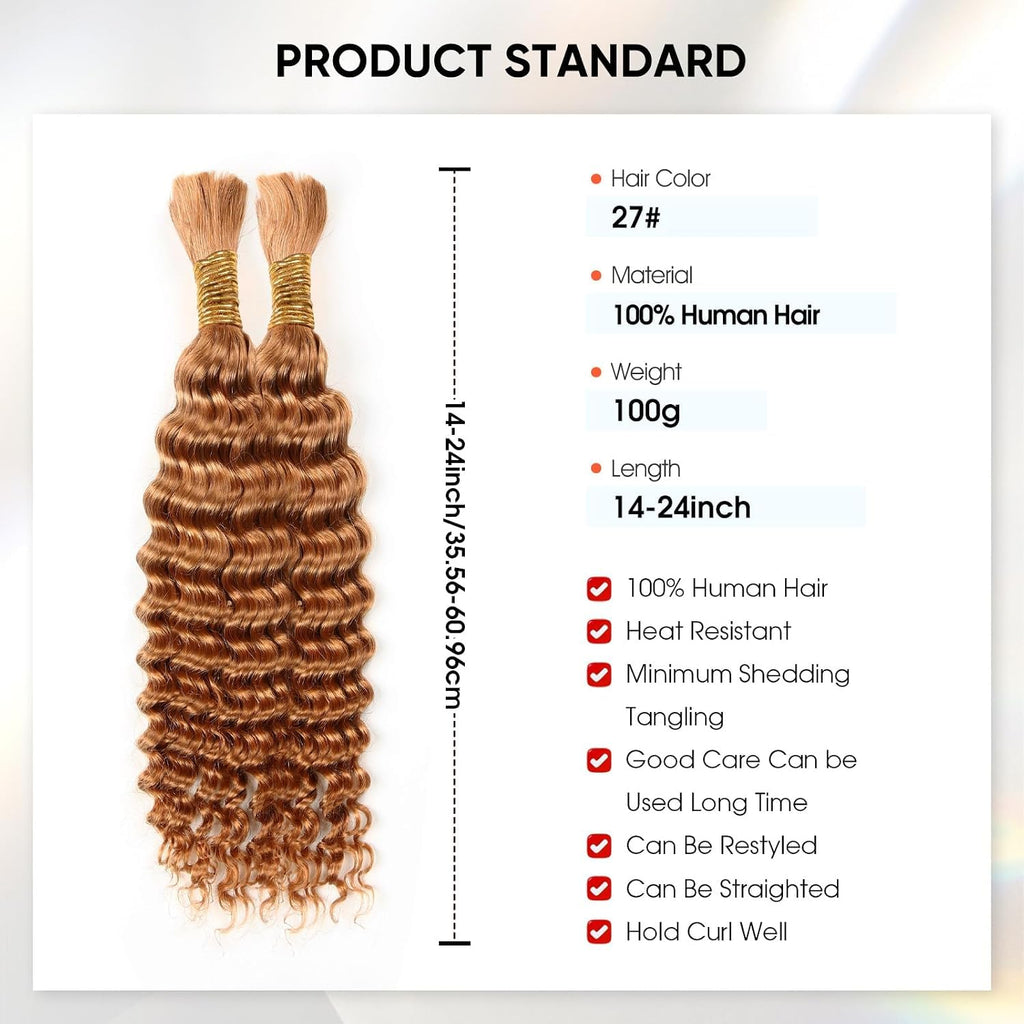 Human Braiding Hair 22 Inch 100G Honey Blonde Deep Wave Bulk Human Hair for Braiding No Weft Curly Bundles Human Hair Extensions for Boho Knotless Braids Wet and Wavy Braiding Hair (#27)