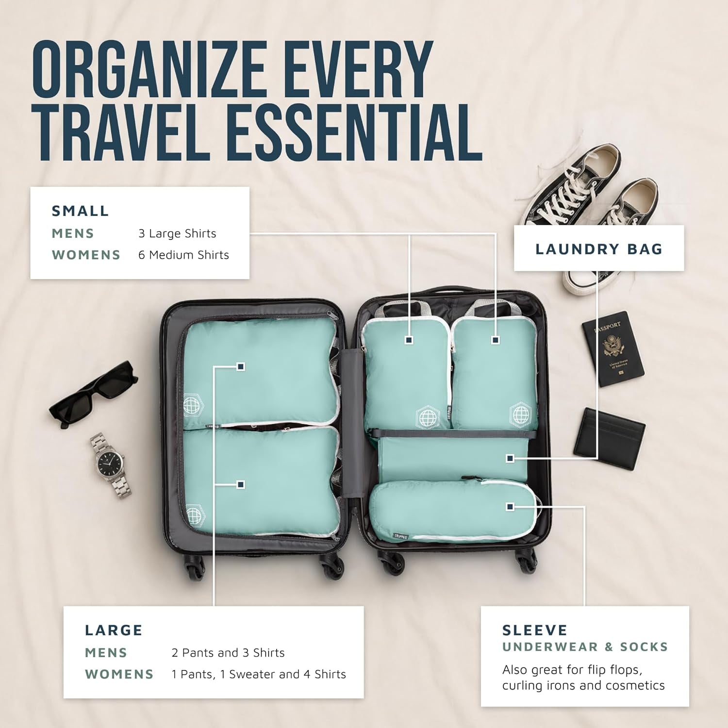 Compression Packing Cubes for Carry-On Travel 6-Pack | Ultralight Ripstop Packing Cubes with Compression Zippers for Organized Carry-On Luggage, Backpack, and Travel Packing